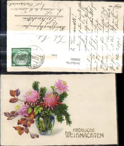 268881,Künstler Ak Blumen Blumenvase m. Chrysanthemen Tannenzweigen Stempel Seitenstetten