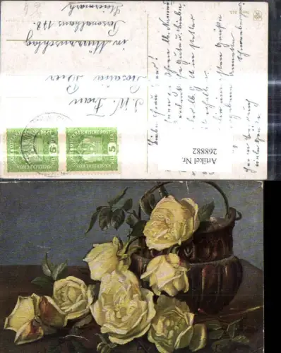 268882,Künstler Ak Blumen Gelbe Rosen Kupferkessel Topf