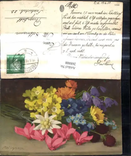 268888,Künstler Ak A. Wagner Blumen Bunter Strauß Edelweiß Alpenveilchen Enzian Vergissmeinnicht