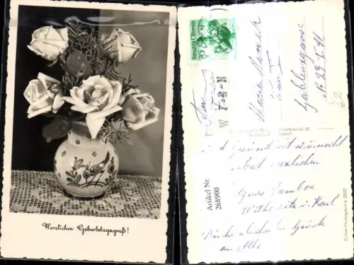 268900,Foto Ak Blumen Rosen i. Keramikkrug Vase Stempel Festwochen Wien 1954