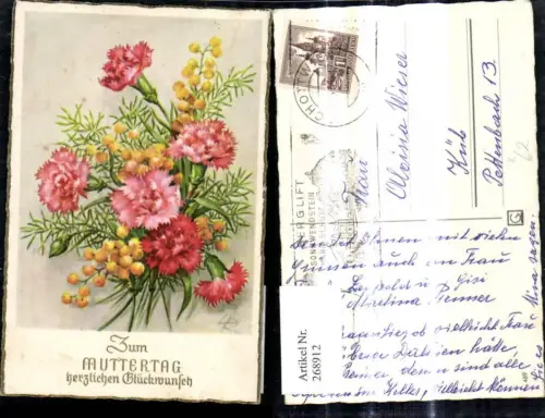 268912,Künstler Ak L. R. Blumen Nelken Strauß Gelbe Blütenzweige Muttertag Goldschrift