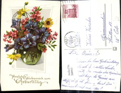 268913,Künstler Ak L. R. Blumen Bunter Strauß i. Vase Enzian Alpenprimel Gelbe Margerite Geburtstag