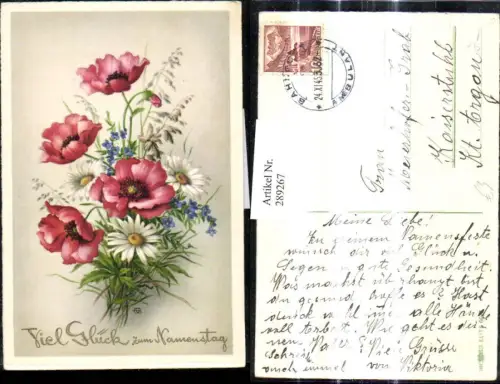 289267,Künstler Ak Bunter Blumenstrauß Klatschmohn Mohnblumen Margeriten Namenstag
