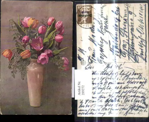 289272,Künstler Ak Blumen Bunte Tulpen i. Vase Blumenvase