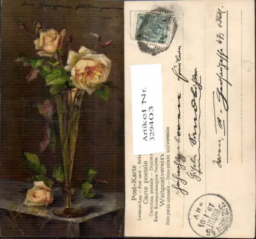 329403,Künstler Ak Gelbe Rosen i. Vase Glas Blumenvase Blumen