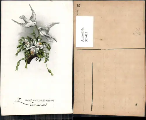 329413,Künstler Ak Weiße Rosen Maiglöckchen i. Korb v. Tauben getragen Schleife Blumen