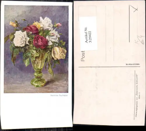 329422,Künstler Ak Hermine Faulhaber Rote Gelbe Weiße Rosen i. Vase Blumen