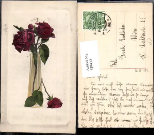 329432,Blumen Rote Rosen i. Vase Präge Passepartout