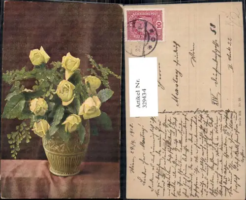 329434,Künstler Ak Gelbe Rosen i. Vase Blätterzweige Blumen