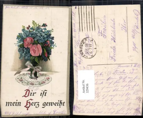 329436,Präge Ak Rosen Vergissmeinnicht i. Vase Blumenvase Blumen Dir ist mein Herz geweiht