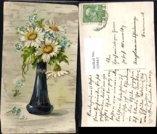 329461,Blumen Margeriten Vergissmeinnicht Vase Goldverzierung