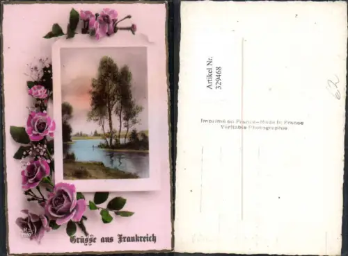 329468,Fotomontage Bäume Birke Birken Landschaft Bild Rosen Ranke Grüße a. Frankreich
