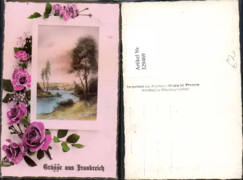 329469,Fotomontage Bäume Birke Birken Landschaft Bild Rosen Ranke Grüße a. Frankreich