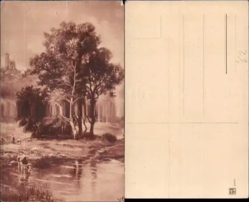 329841,,Künstler Ak Baum Bäume Rind Schafe Burg Festung i. Hintergrund Landschaft