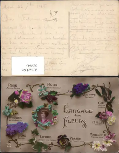 329843,Fotomontage Blumen Blumensprache Langage des Fleurs Rose Houx Gui Lierre Lilas Frau