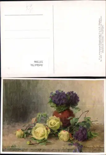 337396,Künstler Ak J. von Destouches Rosen u. Veilchen Blumen pub Ackermann 4098