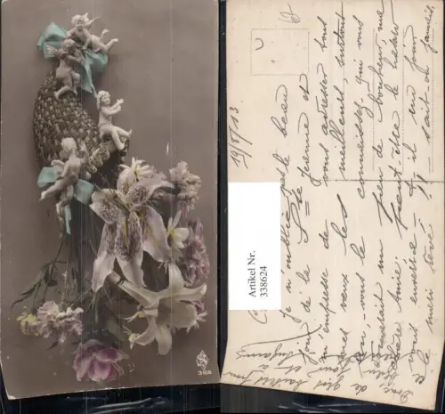 338624,Foto Ak Füllhorn Blumen Orchideen Nelken Engel Porzellanfiguren Schleife