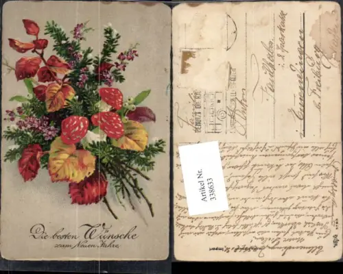 338633,Künstler Ak Blumen Strauß Tannenzweige Fliegenpilze Pilze Neujahr