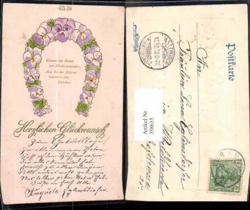 338635,Präge Ak Blumen Hufeisen aus Stiefmütterchen Blüten Spruch Text
