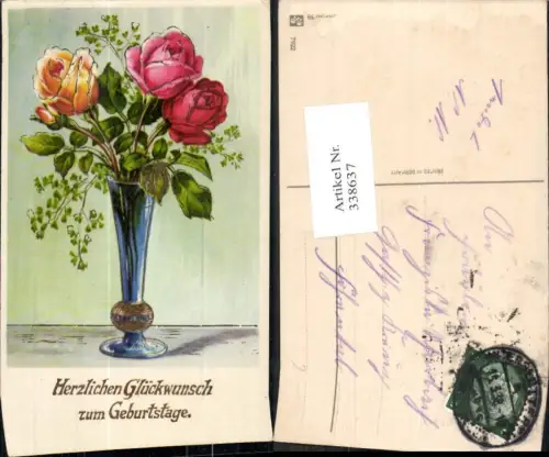 338637,Künstler Ak Blumen Vase m. Gelber u. Roter Rose Goldverzierung Geburtstag