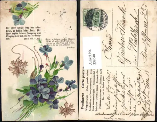 338640,Präge Litho Blumen Veilchen Kornblumen Spruch Text