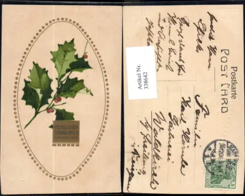 338642,Präge Ak Blumen Stechpalmen Zweig Goldverzierung Neujahr Passepartout