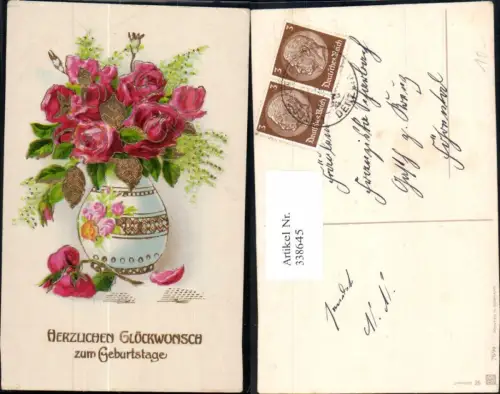 338645,Künstler Ak Blumen Rosen i. Vase Goldverzierung Geburtstag
