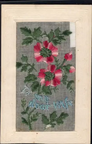 338646,Material Ak Stoff bestickt Blumen Seide Papierrand Seidenkarte