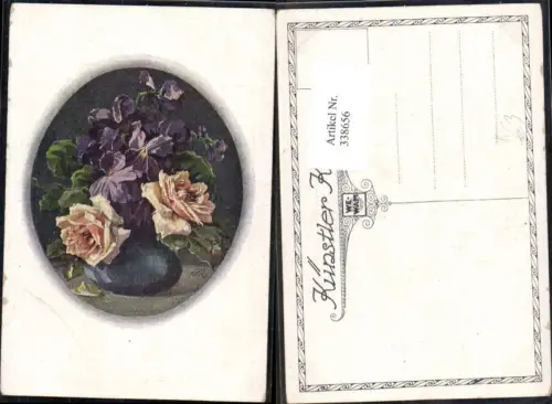 338656,Künstler Ak Blumen Vase m. Pfirsischfarbenen Rosen Veilchen Passepartout