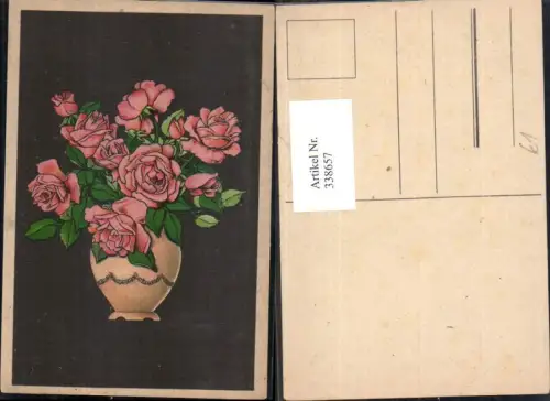 338657,Künstler Ak Blumen Vase m. Roten Rosen