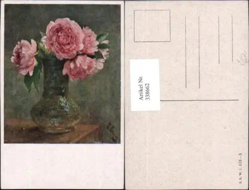 338662,Künstler Ak Blumen Vase m. Rosa Pfingstrosen pub B.K.W.I. 878/3