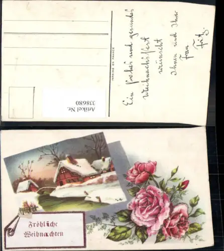 338680,Künstler Ak Blumen Rosarote Rose Winterdorf Weihnachten Glitzerverzierung