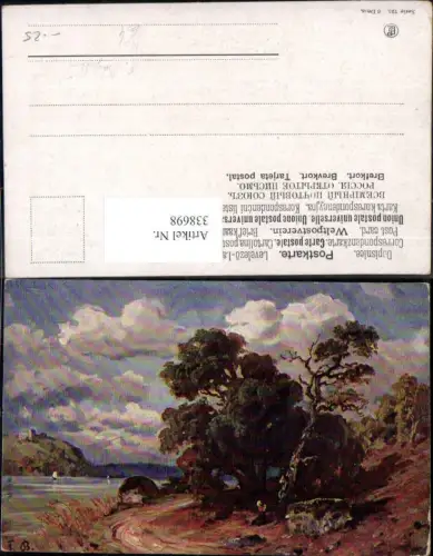 338698,Künstler Ak F. Bayerlein Bäume Frau Gebet v. Baum Landschaft Fluss Segelboot