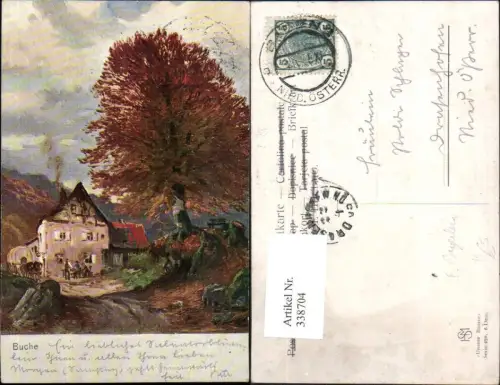 338704,Künstler Ak F. Bayerlein Unsere Bäume Buche Haus Kutsche Landschaft