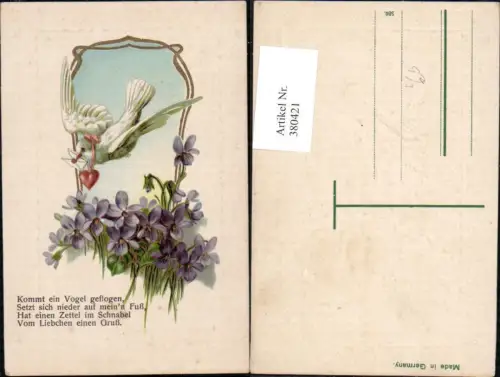 380421,Präge Litho Blumen Veilchen Taube Brieftaube Spruch Text