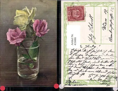418480,Künstler Ak Vase m. Rosa u. Gelben Rosen Blume Blumen