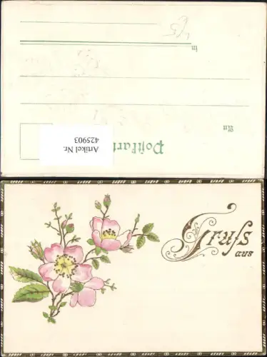 425903,Präge Litho Strauchrose Blüten Blumen Goldschrift