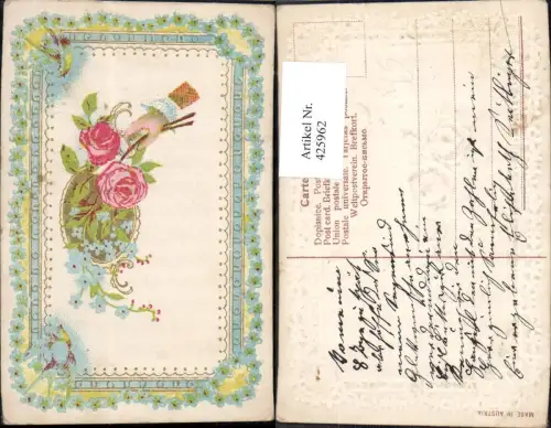 425962,Präge Litho Rosen Vergissmeinnicht Hand Vögel Blumen