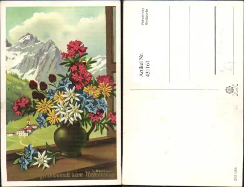 431161,Künstler Ak S. Bonelli Bunte Blumen i. Vase Fenster Bergkulisse Dorf Namenstag