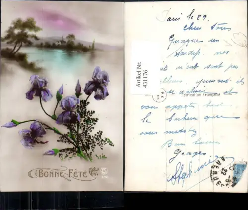 431176,Blumen Schwertlilien Kirche Mond Landschaft Bonne Fete Goldschrift pub P.C. Paris 602