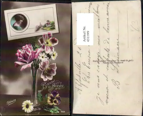 431199,Blumen Vase Rosen Margeriten Portrait Frau Ansichtskarte pub Gloria 359