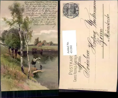 431202,Künstler Ak Birke Baum Ufer Frau Landschaft Kühe pub Meissner e Buch 1258
