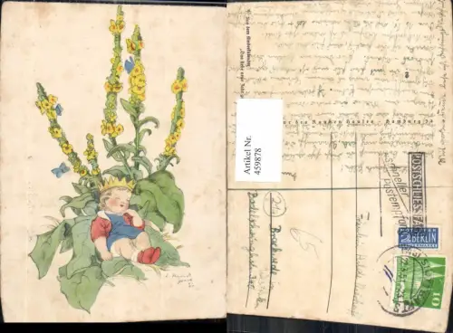 459878,Künstler Ak Schlafendes Kind Krone Schmetterling Blume Blumen