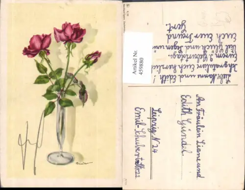 459880,Künstler Ak Bauer Rote Rosen i. Vase Blume Blumen