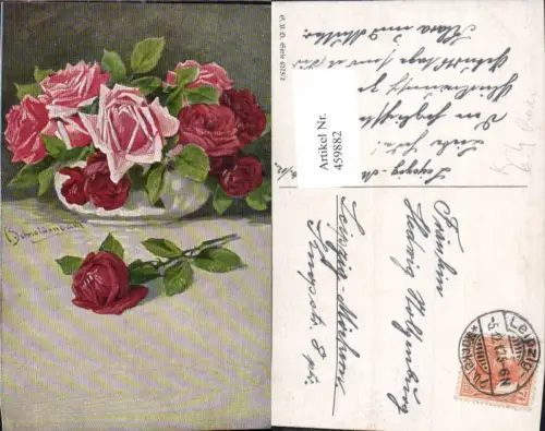 459882,Künstler Ak Schneidenbach Rote Rosen i. Schale Blume Blumen