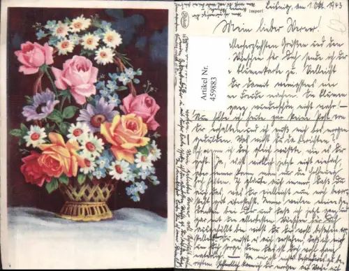 459883,Künstler Ak Korb m. Blume Blumen Rosen Vergissmeinnicht Margeriten