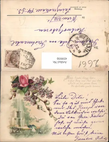 459950,Litho Rose Flieder Palmkätzchenzweig Brunnen Tauben Blume Blumen