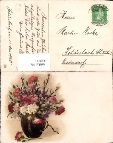 459971,Künstler Ak Bunter Strauß Vase Nelken Palmkätzchen Blumen
