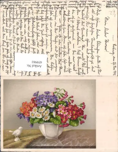 459981,Künstler Ak Vase m. Bunten Blumen Vogel Porzellanvogel pub EAS 2600
