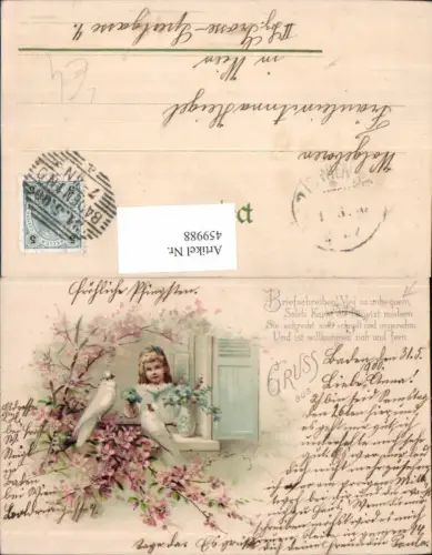 459988,Litho Mädchen Tabuen Blütenstrauch Fenster Blume Blumen Brieftauben Text